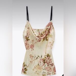 Zara floral tank pink/green/beige silk blouse
